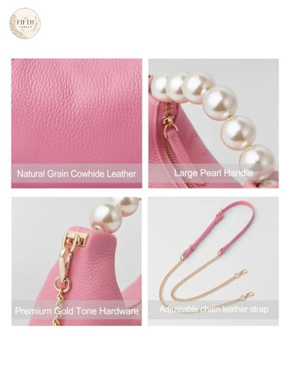 Genuine Leather Top Handle Clutch Purse with Pearl Handle and Detachable Strap